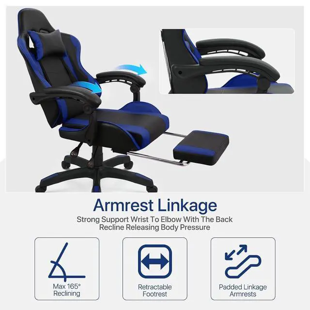 Alt view image 6 of 6 - Gaming Chair with Footrest, Ergonomic High Back Leather Gamer Chair, Adjustable Height & Recline Swivel Office Chair for Office & Gaming, Teens & Adults (Blue)