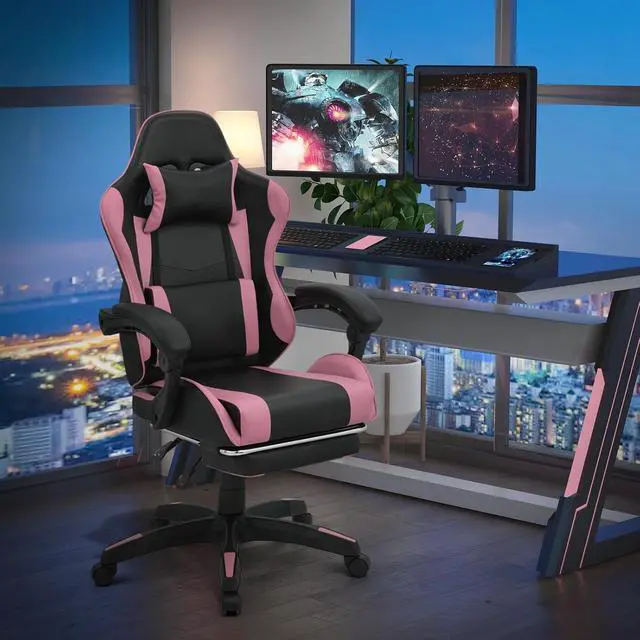 Alt view image 2 of 7 - Gaming Chair with Footrest, Ergonomic High Back Leather Gamer Chair, Adjustable Height & Recline Swivel Office Chair for Office & Gaming, Teens & Adults (Pink)
