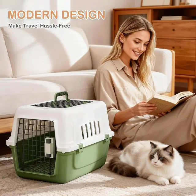 Alt view image 6 of 7 - 22-Inch Dog Crate Plastic 2-Door Top Loading Cat Carrier, Hard-Sided Dog Travel Carrier for Small Dogs and Cats, Ventilation and Security Lock Design for Pets up to 22 lbs (Green)