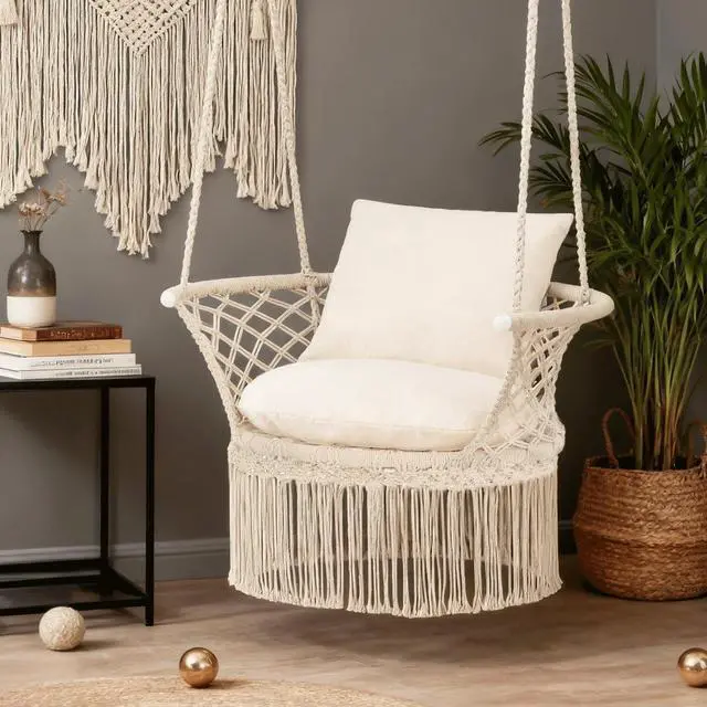 Alt view image 7 of 7 - Macrame Hanging Swing Chair with Cushions, Boho Style Cotton Rope Mesh Hammock Chair with Tassels Max 350 lbs for Indoor/Outdoor Macrame Swing for Living Room, Porch, and Patio