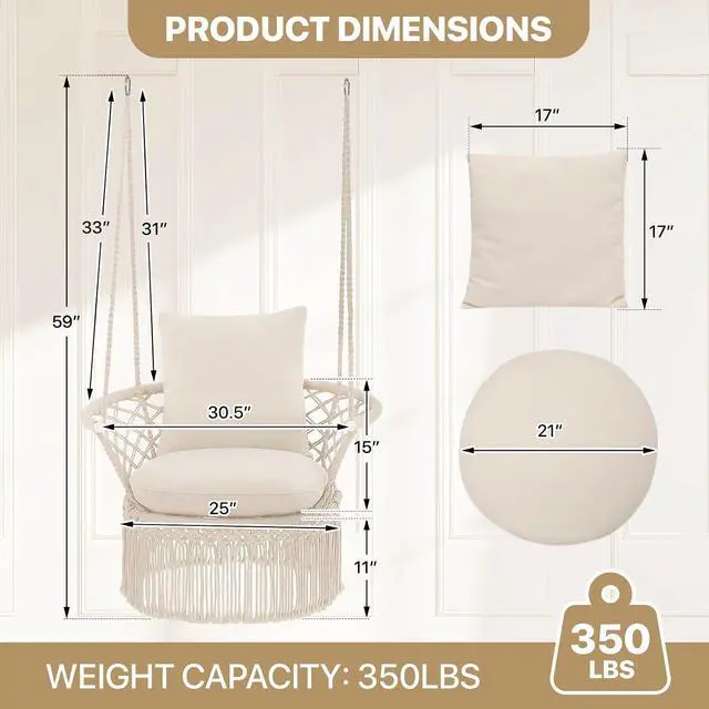 Alt view image 2 of 7 - Macrame Hanging Swing Chair with Cushions, Boho Style Cotton Rope Mesh Hammock Chair with Tassels Max 350 lbs for Indoor/Outdoor Macrame Swing for Living Room, Porch, and Patio