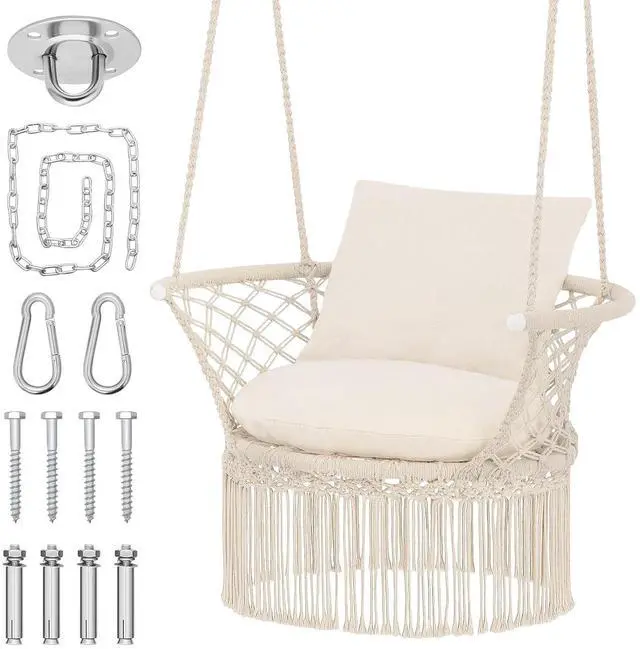 Main image of Macrame Hanging Swing Chair with Cushions, Boho Style Cotton Rope Mesh Hammock Chair with Tassels Max 350 lbs for Indoor/Outdoor Macrame Swing for Living Room, Porch, and Patio