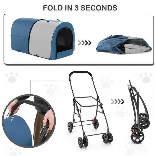 Alt view image 7 of 7 - Double Dog Stroller with Detachable Carrier Bags Large 4 Wheels Foldable Jogger for Small and Medium Dog Cats, Navy Blue/Gray