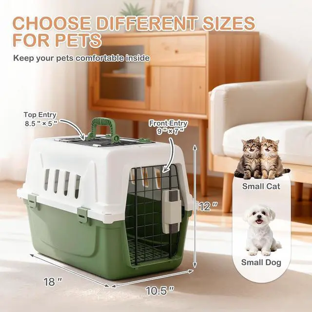 Alt view image 5 of 7 - 18-Inch 2-Door Top Loading Cat Carrier, Plastic Dog Crate Hard-Sided Dog Travel Carrier for Small Dogs and Cats, Ventilation and Security Lock Design for Pets up to 10 lbs (Green)