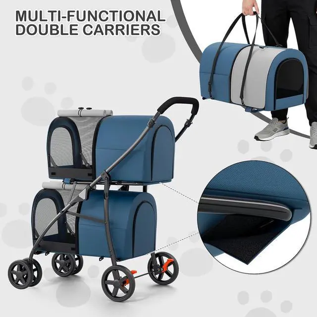 Alt view image 4 of 7 - Double Dog Stroller with Detachable Carrier Bags Large 4 Wheels Foldable Jogger for Small and Medium Dog Cats, Navy Blue/Gray