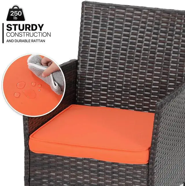 Alt view image 6 of 7 - 3 Pieces Outdoor Patio Furniture Set PE Rattan Wicker All Weather Chairs and Glass Table for Garden Backyard Balcony Deck Porch Pool Yard Lawn, Orange