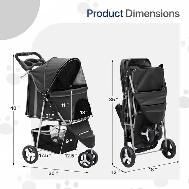 Alt view image 2 of 6 - Dog Stroller for Dogs and Cats, Foldable Pet Jogger Stroller with Cup Holders, Cat Stroller w/Bottom Storage for Pets up to 33 lbs, Black