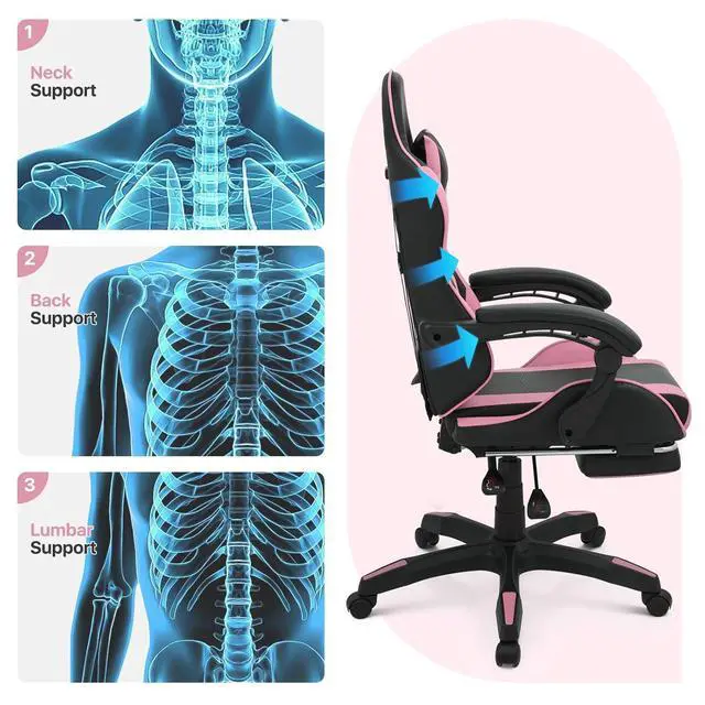 Alt view image 4 of 7 - Gaming Chair with Footrest, Ergonomic High Back Leather Gamer Chair, Adjustable Height & Recline Swivel Office Chair for Office & Gaming, Teens & Adults (Pink)