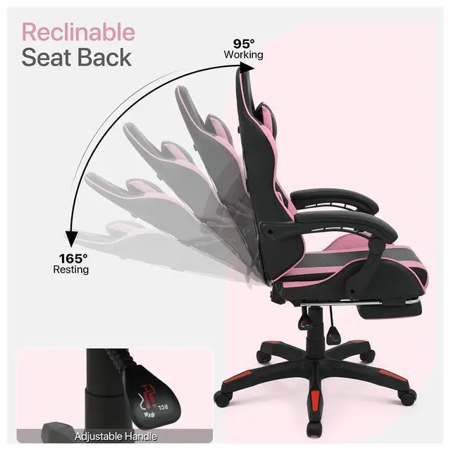 Alt view image 5 of 7 - Gaming Chair with Footrest, Ergonomic High Back Leather Gamer Chair, Adjustable Height & Recline Swivel Office Chair for Office & Gaming, Teens & Adults (Pink)