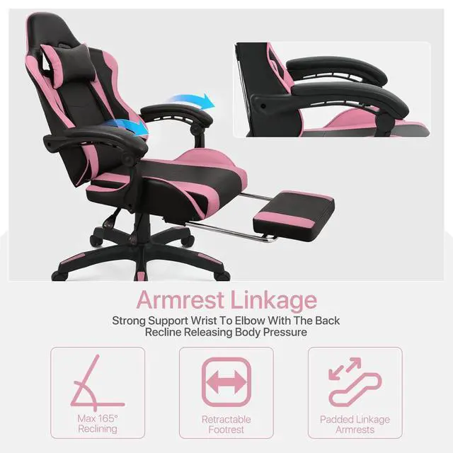 Alt view image 7 of 7 - Gaming Chair with Footrest, Ergonomic High Back Leather Gamer Chair, Adjustable Height & Recline Swivel Office Chair for Office & Gaming, Teens & Adults (Pink)