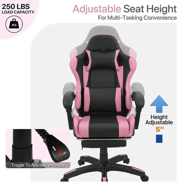 Alt view image 6 of 7 - Gaming Chair with Footrest, Ergonomic High Back Leather Gamer Chair, Adjustable Height & Recline Swivel Office Chair for Office & Gaming, Teens & Adults (Pink)