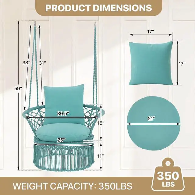 Alt view image 2 of 7 - Macrame Hanging Swing Chair, Boho Style Cotton Rope Hammock Chair w/Tassels Max 350 lbs for Bedroom, Living Room, Porch, Balcony, Green