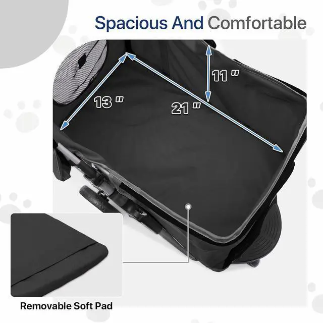 Alt view image 6 of 6 - Dog Stroller for Dogs and Cats, Foldable Pet Jogger Stroller with Cup Holders, Cat Stroller w/Bottom Storage for Pets up to 33 lbs, Black