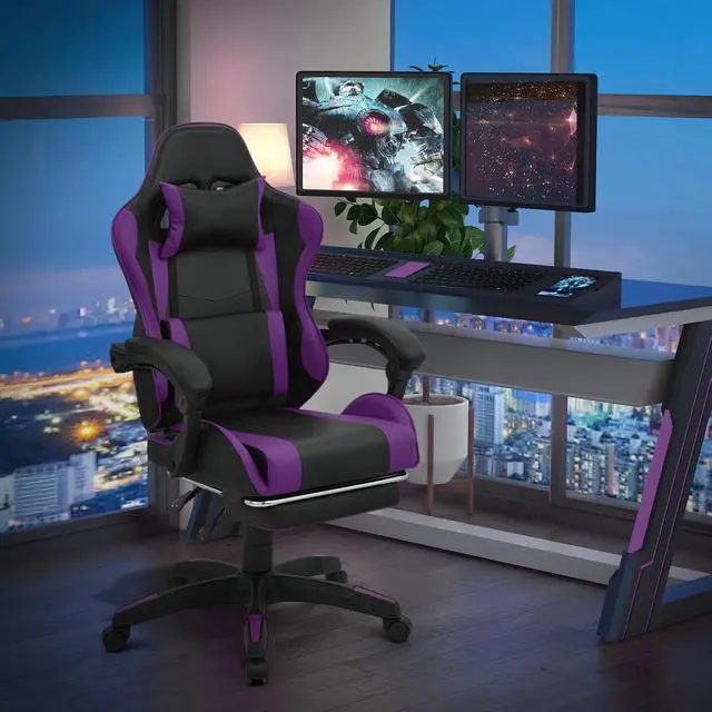 Alt view image 2 of 7 - Gaming Chair with Footrest, Ergonomic High Back Leather Gamer Chair, Adjustable Height & Recline Swivel Office Chair for Office & Gaming, Teens & Adults (Purple)