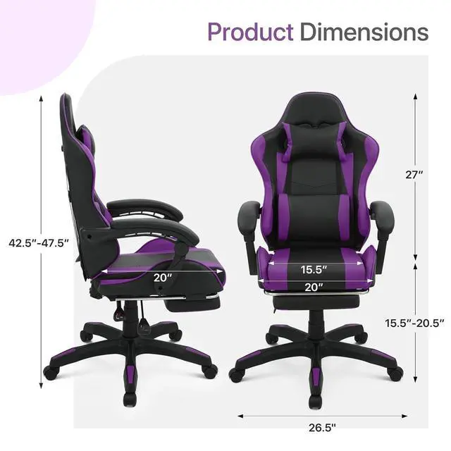 Alt view image 3 of 7 - Gaming Chair with Footrest, Ergonomic High Back Leather Gamer Chair, Adjustable Height & Recline Swivel Office Chair for Office & Gaming, Teens & Adults (Purple)