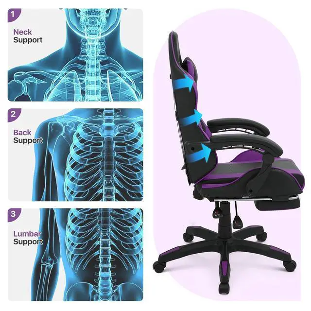 Alt view image 4 of 7 - Gaming Chair with Footrest, Ergonomic High Back Leather Gamer Chair, Adjustable Height & Recline Swivel Office Chair for Office & Gaming, Teens & Adults (Purple)