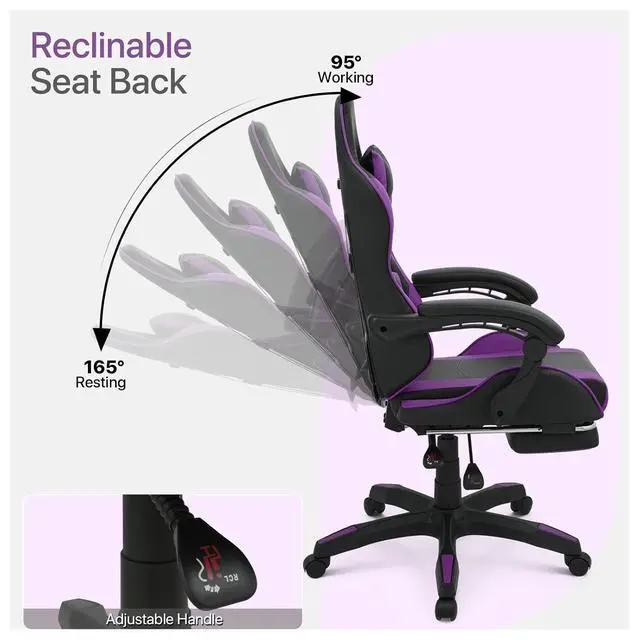 Alt view image 5 of 7 - Gaming Chair with Footrest, Ergonomic High Back Leather Gamer Chair, Adjustable Height & Recline Swivel Office Chair for Office & Gaming, Teens & Adults (Purple)