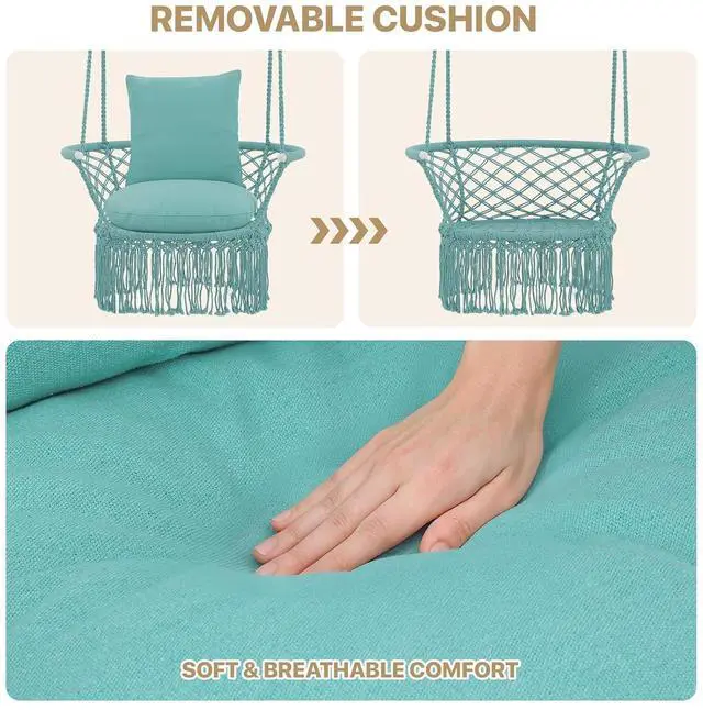 Alt view image 4 of 7 - Macrame Hanging Swing Chair, Boho Style Cotton Rope Hammock Chair w/Tassels Max 350 lbs for Bedroom, Living Room, Porch, Balcony, Green