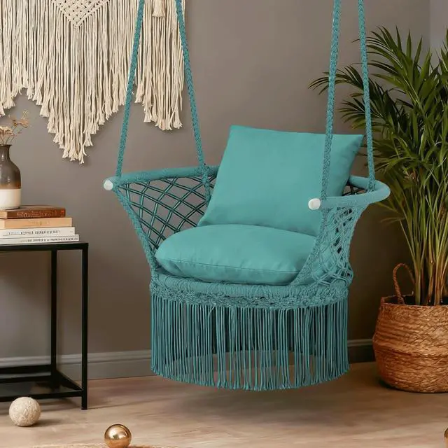 Alt view image 7 of 7 - Macrame Hanging Swing Chair, Boho Style Cotton Rope Hammock Chair w/Tassels Max 350 lbs for Bedroom, Living Room, Porch, Balcony, Green