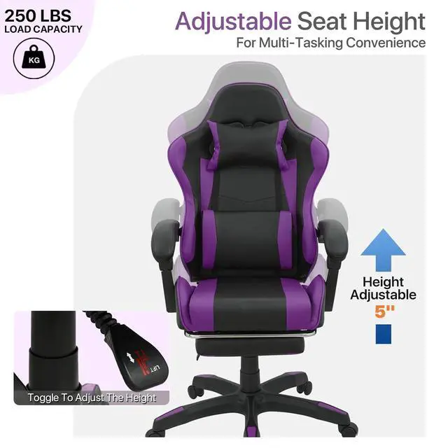 Alt view image 6 of 7 - Gaming Chair with Footrest, Ergonomic High Back Leather Gamer Chair, Adjustable Height & Recline Swivel Office Chair for Office & Gaming, Teens & Adults (Purple)
