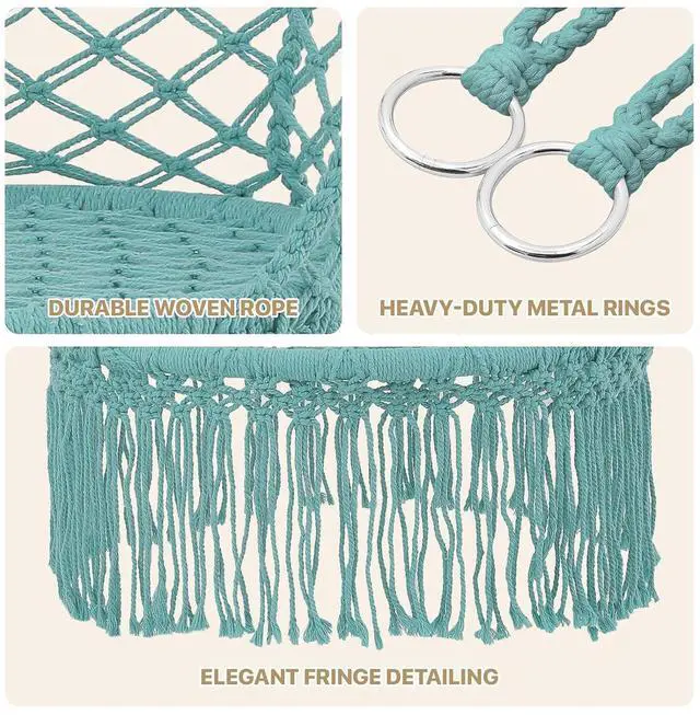 Alt view image 5 of 7 - Macrame Hanging Swing Chair, Boho Style Cotton Rope Hammock Chair w/Tassels Max 350 lbs for Bedroom, Living Room, Porch, Balcony, Green