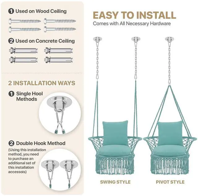 Alt view image 6 of 7 - Macrame Hanging Swing Chair, Boho Style Cotton Rope Hammock Chair w/Tassels Max 350 lbs for Bedroom, Living Room, Porch, Balcony, Green
