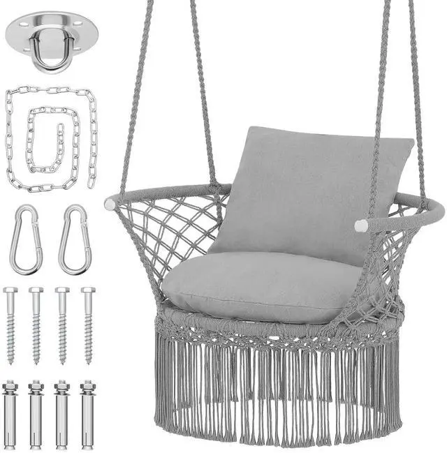 Main image of Macrame Hanging Swing Chair, Boho Style Cotton Rope Hammock Chair w/Tassels Max 350 lbs for Bedroom, Living Room, Porch, Balcony, Gray