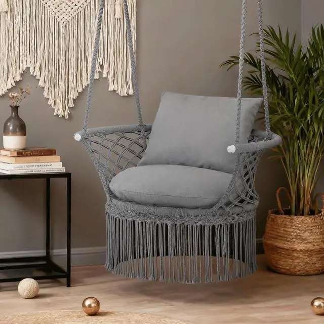 Alt view image 7 of 7 - Macrame Hanging Swing Chair, Boho Style Cotton Rope Hammock Chair w/Tassels Max 350 lbs for Bedroom, Living Room, Porch, Balcony, Gray