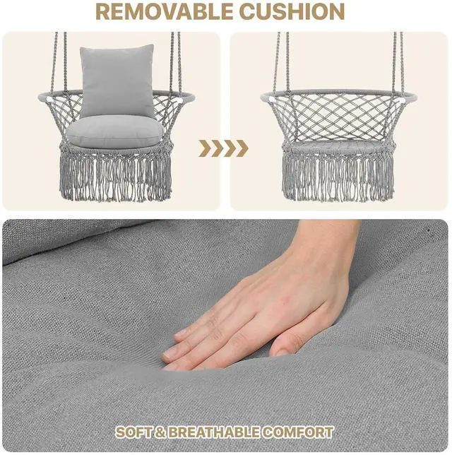 Alt view image 4 of 7 - Macrame Hanging Swing Chair, Boho Style Cotton Rope Hammock Chair w/Tassels Max 350 lbs for Bedroom, Living Room, Porch, Balcony, Gray