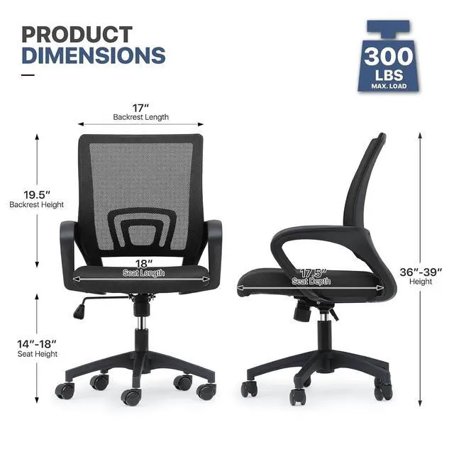 Alt view image 3 of 7 - Mesh Office Chair, Ergonomic Computer Chair for Adults, Rolling Swivel Mid-Back Desk Chair with Lumbar Support, Comfy Armrest for Home Office, Gaming, Black