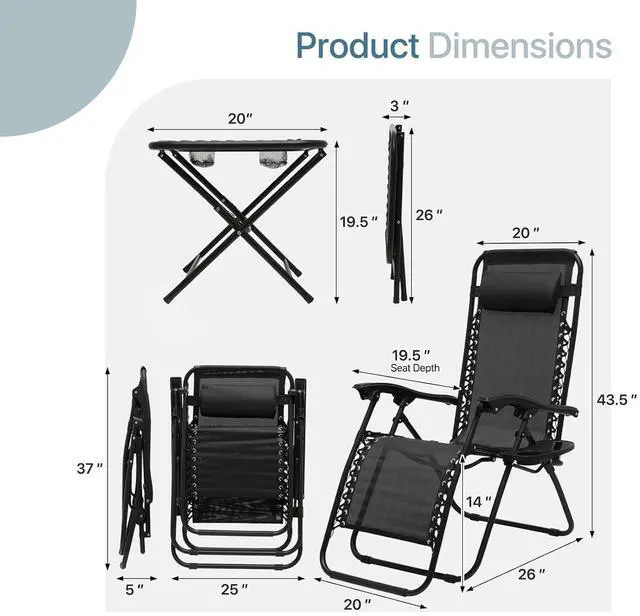 Alt view image 2 of 7 - Outdoor Folding Camping Lounge Zero Gravity Recliner Chairs Set of 2 with Side Table (Black)