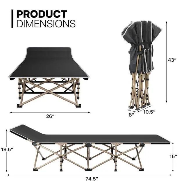 Alt view image 2 of 7 - Folding Sleeping Cot for Adults, Easy to Set Up Portable & Lightweight Camping Cot for Outdoor Camping, Lounging and Elevated Napping, Support 360 lbs, Black