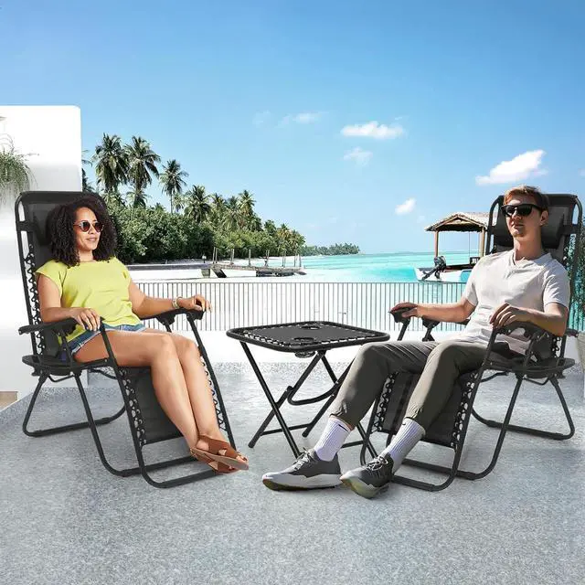 Alt view image 3 of 7 - Outdoor Folding Camping Lounge Zero Gravity Recliner Chairs Set of 2 with Side Table (Black)