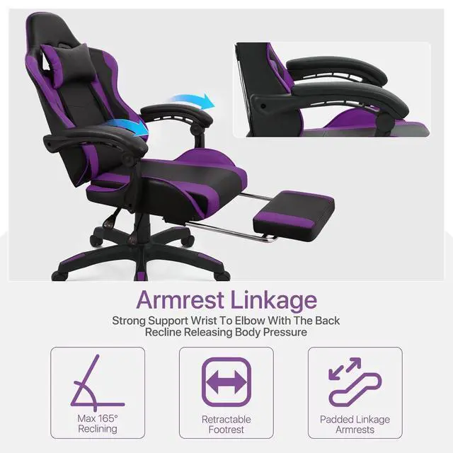 Alt view image 7 of 7 - Gaming Chair with Footrest, Ergonomic High Back Leather Gamer Chair, Adjustable Height & Recline Swivel Office Chair for Office & Gaming, Teens & Adults (Purple)