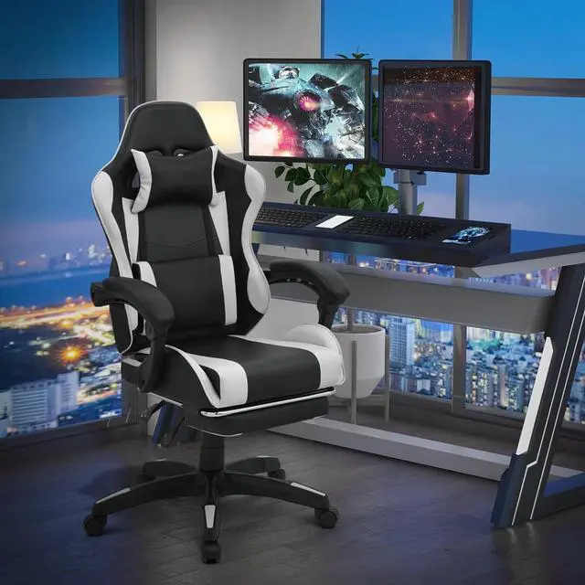 Alt view image 2 of 7 - Gaming Chair with Footrest, Ergonomic High Back Leather Gamer Chair, Adjustable Height & Recline Swivel Office Chair for Office & Gaming, Teens & Adults (White)