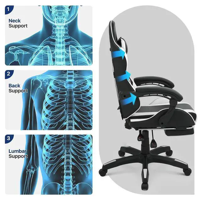Alt view image 4 of 7 - Gaming Chair with Footrest, Ergonomic High Back Leather Gamer Chair, Adjustable Height & Recline Swivel Office Chair for Office & Gaming, Teens & Adults (White)