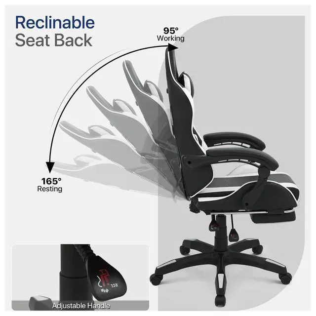 Alt view image 5 of 7 - Gaming Chair with Footrest, Ergonomic High Back Leather Gamer Chair, Adjustable Height & Recline Swivel Office Chair for Office & Gaming, Teens & Adults (White)
