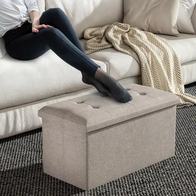 Alt view image 2 of 5 - 30 Inches Storage Ottoman Bench, Rectangle End of Bed Bench, Storage Padded Seat, Linen Fabric Ottoman Footrest for Living Room, Bedroom, Entryway, Sandy Beige
