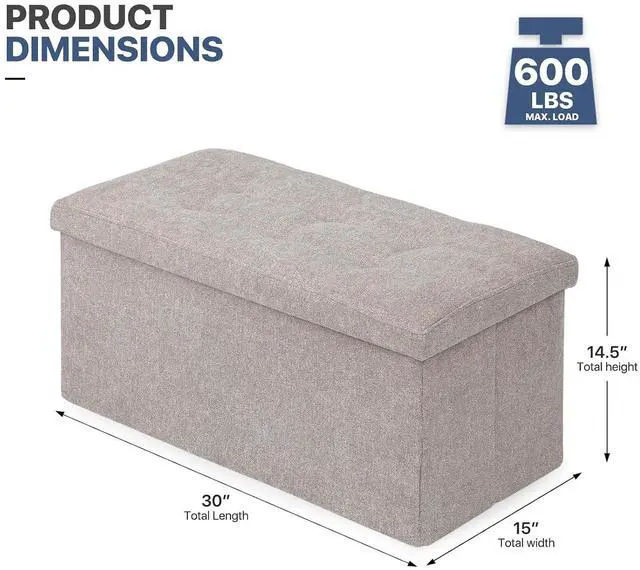 Main image of 30 Inches Storage Ottoman Bench, Rectangle End of Bed Bench, Storage Padded Seat, Linen Fabric Ottoman Footrest for Living Room, Bedroom, Entryway, Sandy Beige