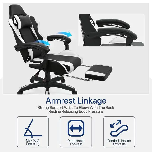 Alt view image 7 of 7 - Gaming Chair with Footrest, Ergonomic High Back Leather Gamer Chair, Adjustable Height & Recline Swivel Office Chair for Office & Gaming, Teens & Adults (White)