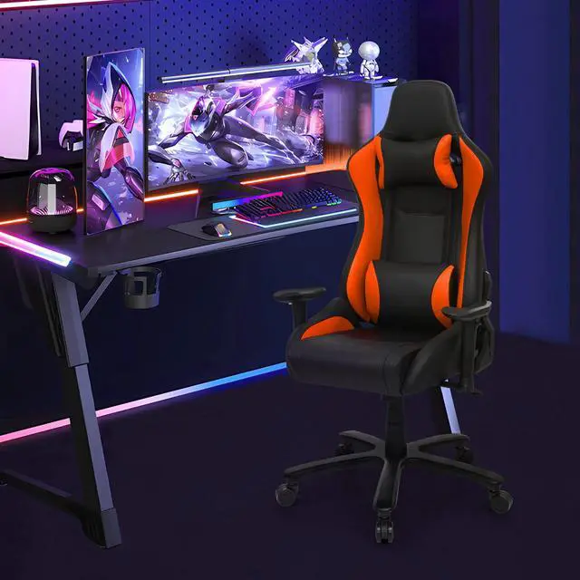 Alt view image 2 of 7 - Computer Racing Chair with Lumbar Support, High-Back Reclining Carbon Fiber PU Leather Video Gaming Chair with Pivot/Angle Adjustable Armrests for Teen Adult Comfortable Gaming, Orange