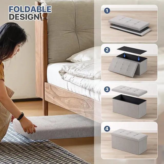 Alt view image 4 of 5 - 30 Inches Storage Ottoman Bench, Rectangle End of Bed Bench, Storage Padded Seat, Linen Fabric Ottoman Footrest for Living Room, Bedroom, Entryway, Sandy Beige