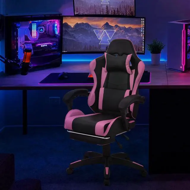 Alt view image 2 of 7 - Gaming Chair with Headrest & Lumbar Support Ergonomic Computer Racing Chair with Footrest, Adjustable Hight Leather Swivel Computer Chair for Adult Teen Office or Gaming, Pink
