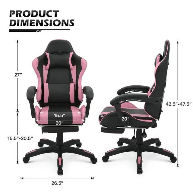 Alt view image 3 of 7 - Gaming Chair with Headrest & Lumbar Support Ergonomic Computer Racing Chair with Footrest, Adjustable Hight Leather Swivel Computer Chair for Adult Teen Office or Gaming, Pink