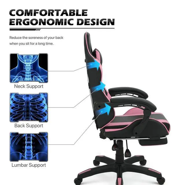 Alt view image 4 of 7 - Gaming Chair with Headrest & Lumbar Support Ergonomic Computer Racing Chair with Footrest, Adjustable Hight Leather Swivel Computer Chair for Adult Teen Office or Gaming, Pink