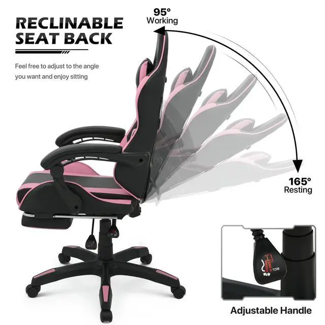 Alt view image 5 of 7 - Gaming Chair with Headrest & Lumbar Support Ergonomic Computer Racing Chair with Footrest, Adjustable Hight Leather Swivel Computer Chair for Adult Teen Office or Gaming, Pink