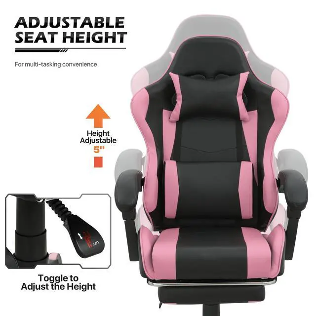 Alt view image 6 of 7 - Gaming Chair with Headrest & Lumbar Support Ergonomic Computer Racing Chair with Footrest, Adjustable Hight Leather Swivel Computer Chair for Adult Teen Office or Gaming, Pink