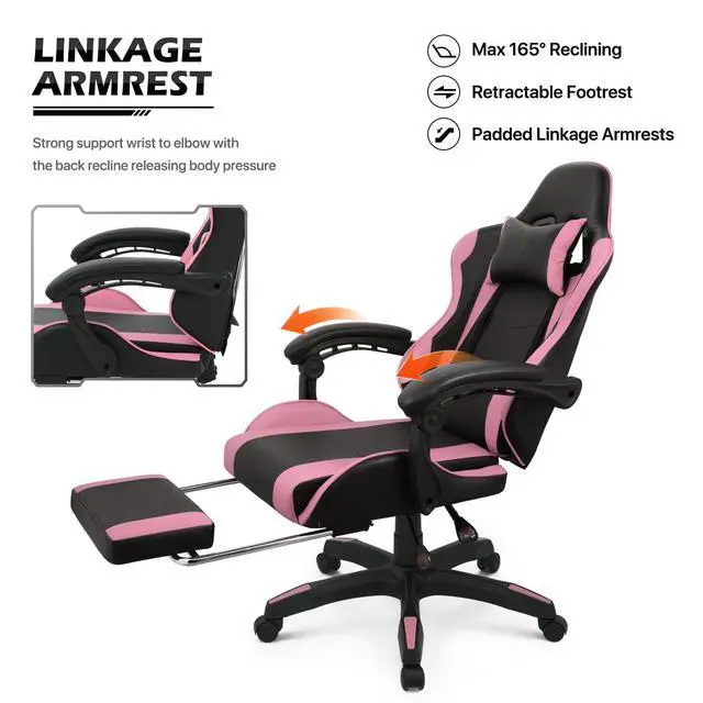 Alt view image 7 of 7 - Gaming Chair with Headrest & Lumbar Support Ergonomic Computer Racing Chair with Footrest, Adjustable Hight Leather Swivel Computer Chair for Adult Teen Office or Gaming, Pink