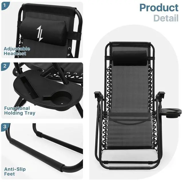 Alt view image 6 of 7 - Outdoor Folding Camping Lounge Zero Gravity Recliner Chairs Set of 2 with Side Table (Black)