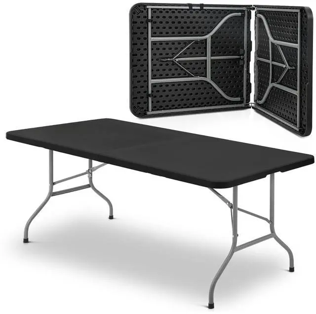 Main image of Plastic Folding Camping Table, Indoor Outdoor Collapsible Rectangle Dining Table, Portable Fold-in-Half Utility Table w/Handle for Party Wedding, Black, 94 Inch